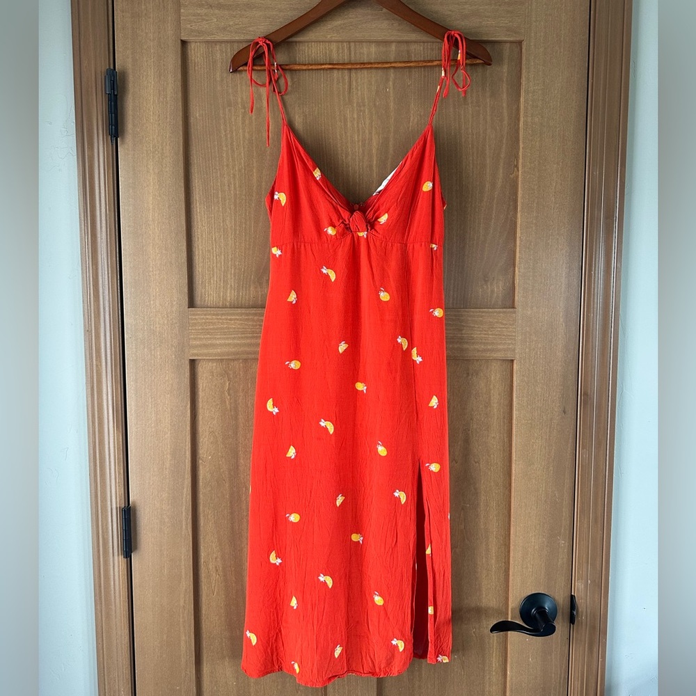 ASTR the label Brigette Tie Shoulder Fruit Print Midi Dress with Slit size Small - Picture 3 of 12